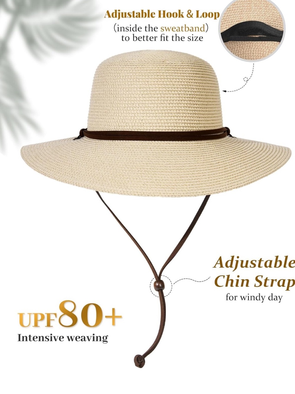 Women’s Wide-Brim Straw Sun Hat with Adjustable Chin Cord - Beige - Picture 6 of 6